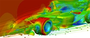 Simulatie stroming over een Formule 1 auto